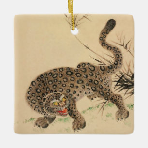 Vintage Japanese Spotted Leopard Scroll Ceramic Ornament
