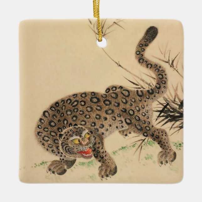 Vintage Japanese Spotted Leopard Scroll Ceramic Ornament (Front)