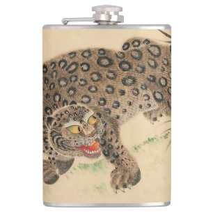 Vintage Japanese Spotted Leopard Scroll Hip Flask