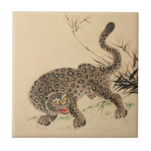 Vintage Japanese Spotted Leopard Scroll Tile