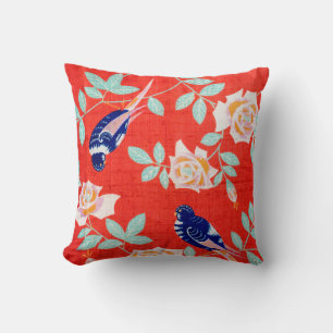 Vintage Japanese Textile, Bird and Rose Throw Pillow