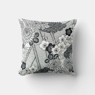 Vintage Japanese Textile, Floral Pattern Throw Pillow