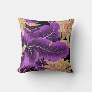 Vintage Japanese Textile, Purple Leaf Throw Pillow