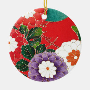 Vintage Japanese Textile - Red Dahlias Ceramic Ornament