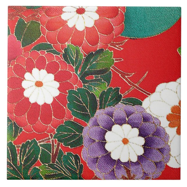 Vintage Japanese Textile - Red Dahlias Tile (Front)
