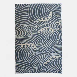Vintage Japanese Textile, Wave Pattern Kitchen Towel