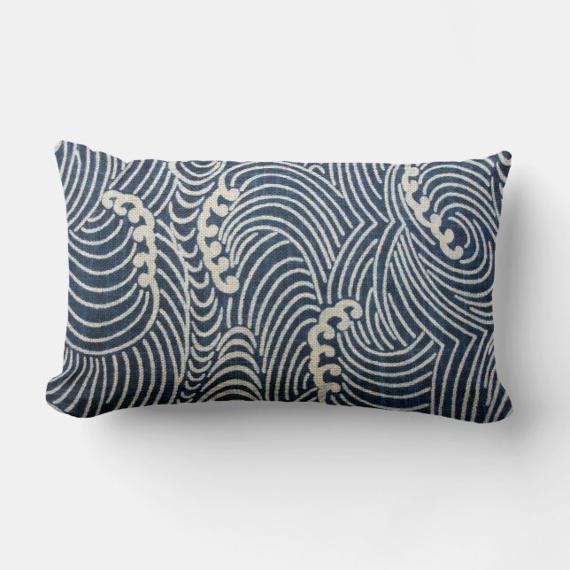Vintage Japanese Textile, Wave Pattern Lumbar Pillow (Front)