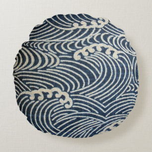Vintage Japanese Textile, Wave Pattern Round Pillow