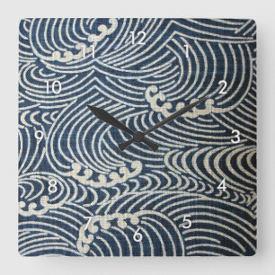 Vintage Japanese Textile, Wave Pattern Square Wall Clock