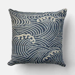 Vintage Japanese Textile, Wave Pattern Throw Pillo Pillow
