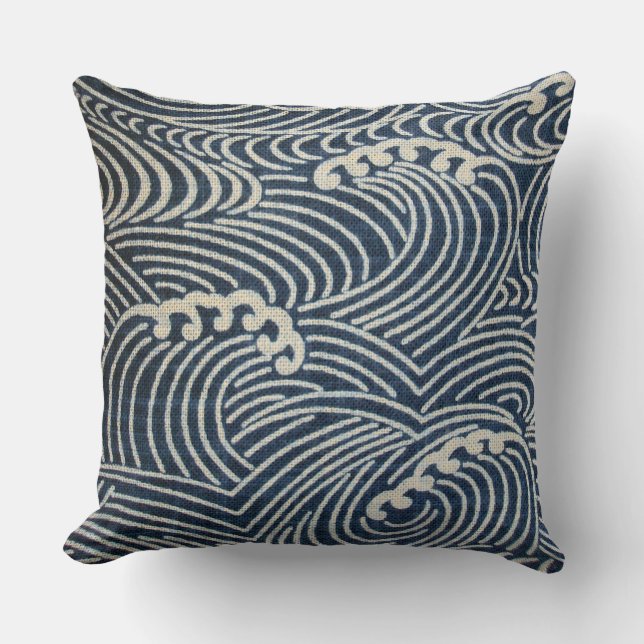 Vintage Japanese Textile, Wave Pattern Throw Pillo Pillow (Front)