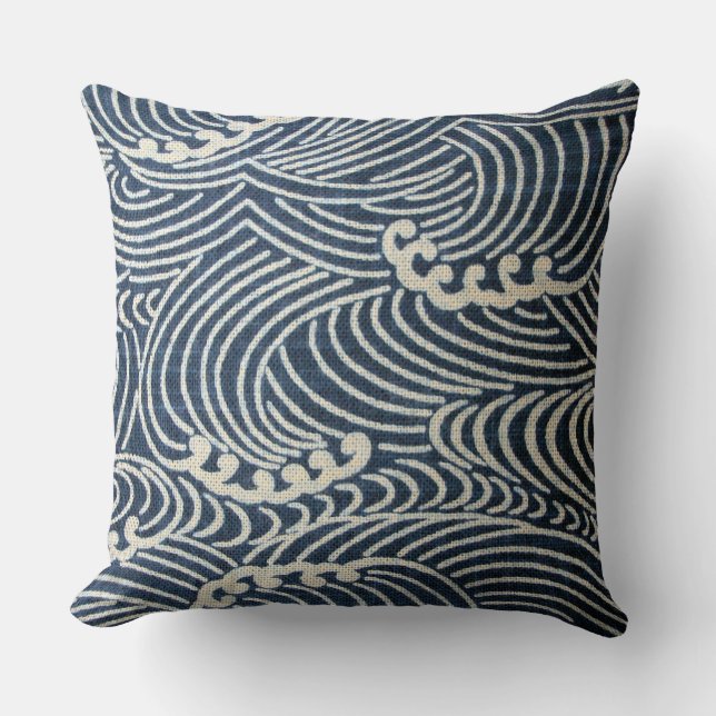 Vintage Japanese Textile, Wave Pattern Throw Pillow (Front)