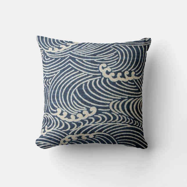 Vintage Japanese Textile, Wave Pattern Throw Pillow (Front)
