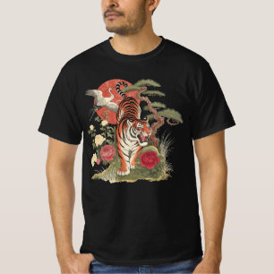 Vintage Japanese Tiger Crane Art - Retro Linocut T-Shirt