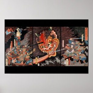 Vintage Japanese Triptych: Samurai vs. Oni King Poster