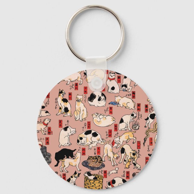 Vintage Japanese Ukiyo-e Cat Pattern: Kuniyoshi Keychain (Front)