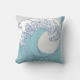 Vintage Japanese Ukiyo-e Surf Wave Art Blue Coast Throw Pillow