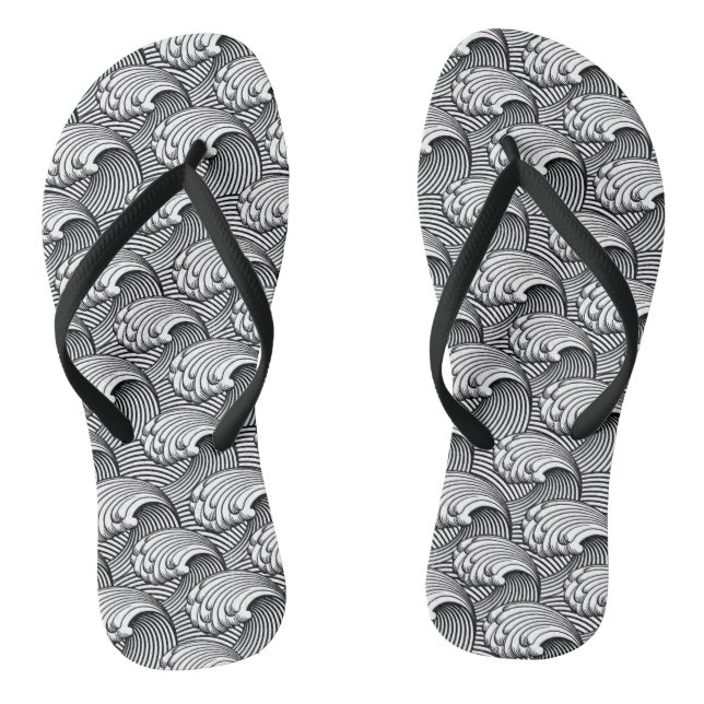 Vintage Japanese Waves, Black and White Flip Flops (Footbed)