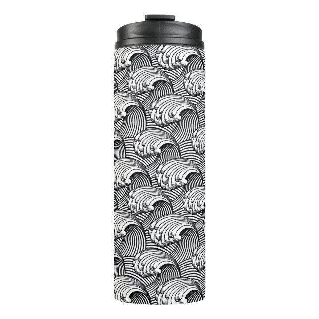Vintage Japanese Waves, Black and White Thermal Tumbler (Front)