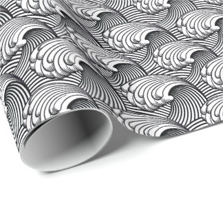 Vintage Japanese Waves, Black and White Wrapping Paper