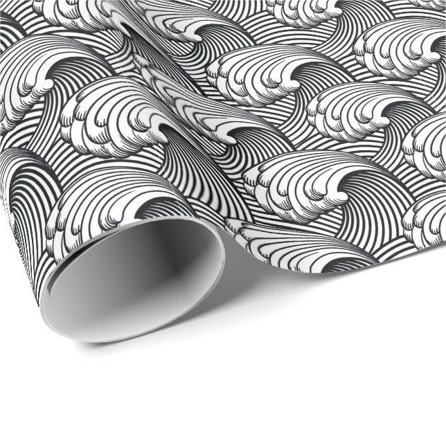 Vintage Japanese Waves, Black and White Wrapping Paper (Roll Corner)