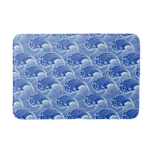 Vintage Japanese Waves, Cobalt Blue and White Bath Mat