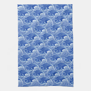 Vintage Japanese Waves, Cobalt Blue and White Kitchen Towel