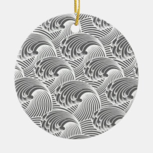 Vintage Japanese Waves, Grey / Grey and White Ceramic Ornament