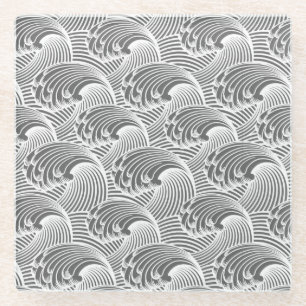 Vintage Japanese Waves, Grey / Grey and White  Glass Coaster