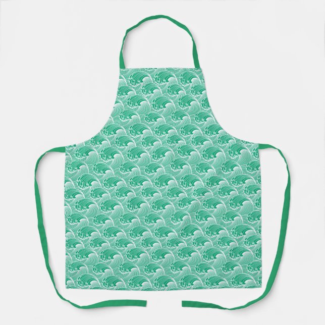 Vintage Japanese Waves, Jade Green and White Apron (Front)