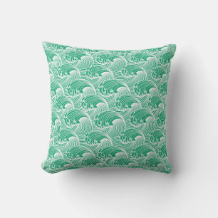 Vintage Japanese Waves, Jade Green and White Throw Pillow