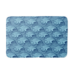 Vintage Japanese Waves, Navy and Sky Blue Bath Mat
