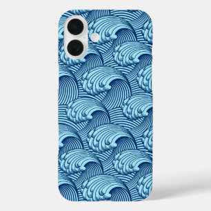 Vintage Japanese Waves, Navy and Sky Blue iPhone 16 Plus Case