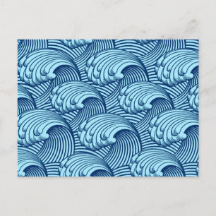 Vintage Japanese Waves, Navy and Sky Blue Postcard