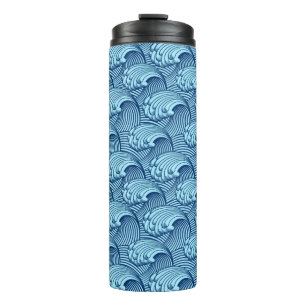 Vintage Japanese Waves, Navy and Sky Blue Thermal Tumbler