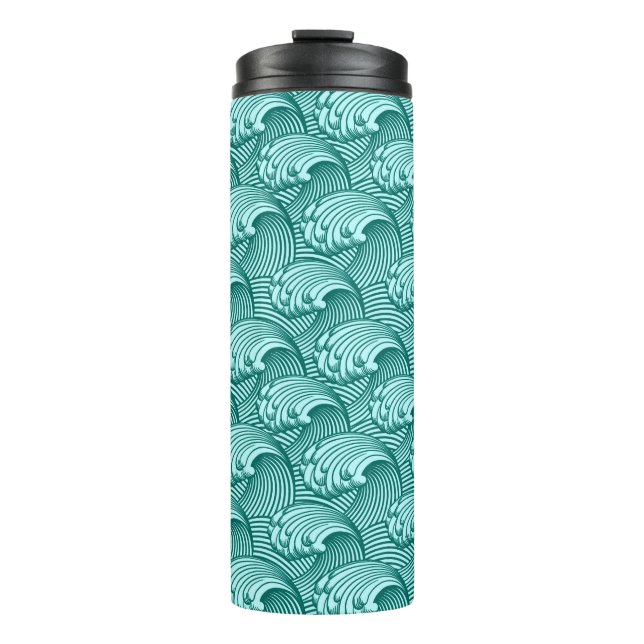 Vintage Japanese Waves, Turquoise and Aqua Thermal Tumbler (Front)