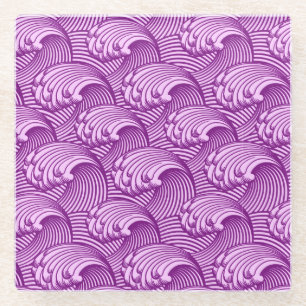 Vintage Japanese Waves, Twilight Purple and Lilac Glass Coaster