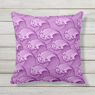 Vintage Japanese Waves, Twilight Purple and Lilac Outdoor Pillow