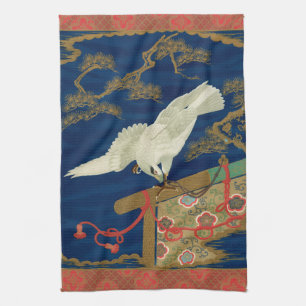Vintage Japanese White Hawk Art G.A. Audsley Kitchen Towel