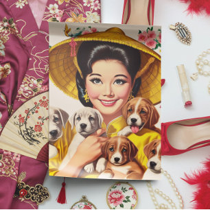 Vintage Japanese Woman and Puppies Tissue Paper
