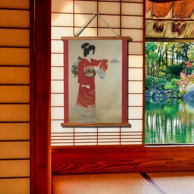Vintage Japanese woman in red kimono Hanging Tapestry (Creator Uploaded)