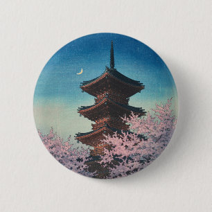 Vintage Japanese Woodblock Spring Evening Pagoda 2 Inch Round Button