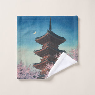 Vintage Japanese Woodblock Spring Evening Pagoda Bath Towel Set