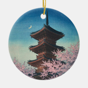Vintage Japanese Woodblock Spring Evening Pagoda Ceramic Ornament