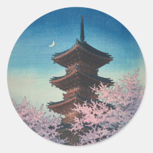 Vintage Japanese Woodblock Spring Evening Pagoda Classic Round Sticker