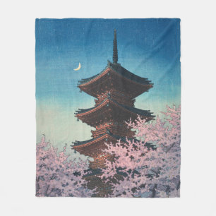 Vintage Japanese Woodblock Spring Evening Pagoda Fleece Blanket