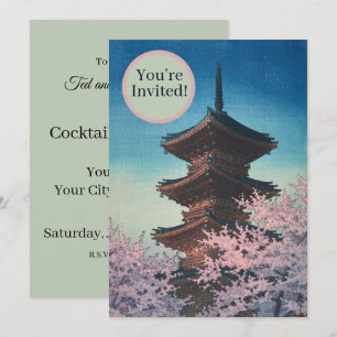 Vintage Japanese Woodblock Spring Evening Pagoda Invitation