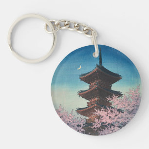 Vintage Japanese Woodblock Spring Evening Pagoda Keychain
