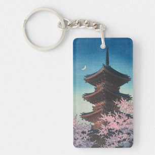 Vintage Japanese Woodblock Spring Evening Pagoda Keychain