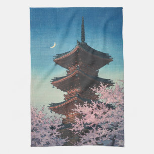 Vintage Japanese Woodblock Spring Evening Pagoda Kitchen Towel